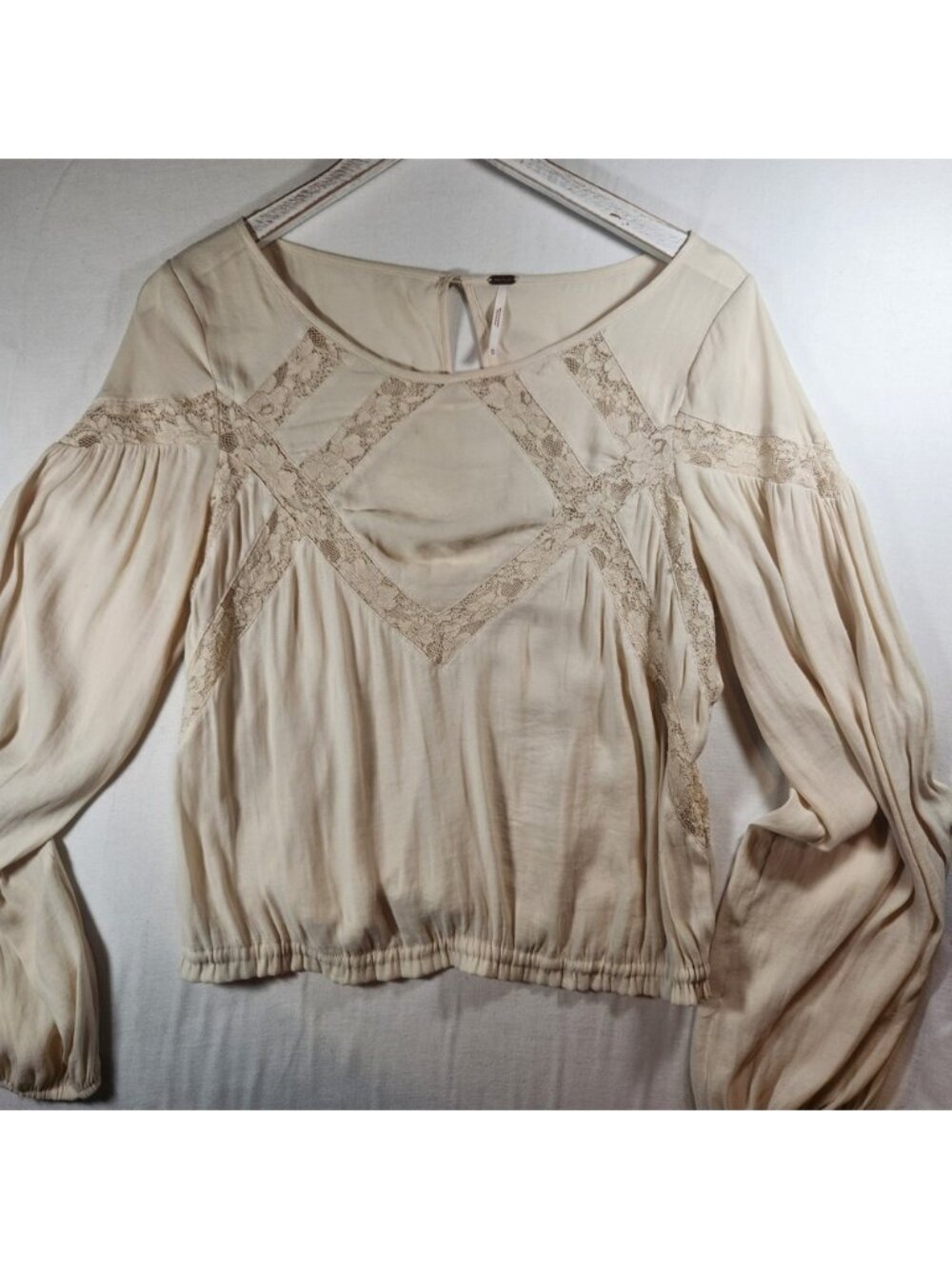 Free‎ People Cream Lace Diamond Boho Balloon Sleeve Smocked Blouse Top Cream m